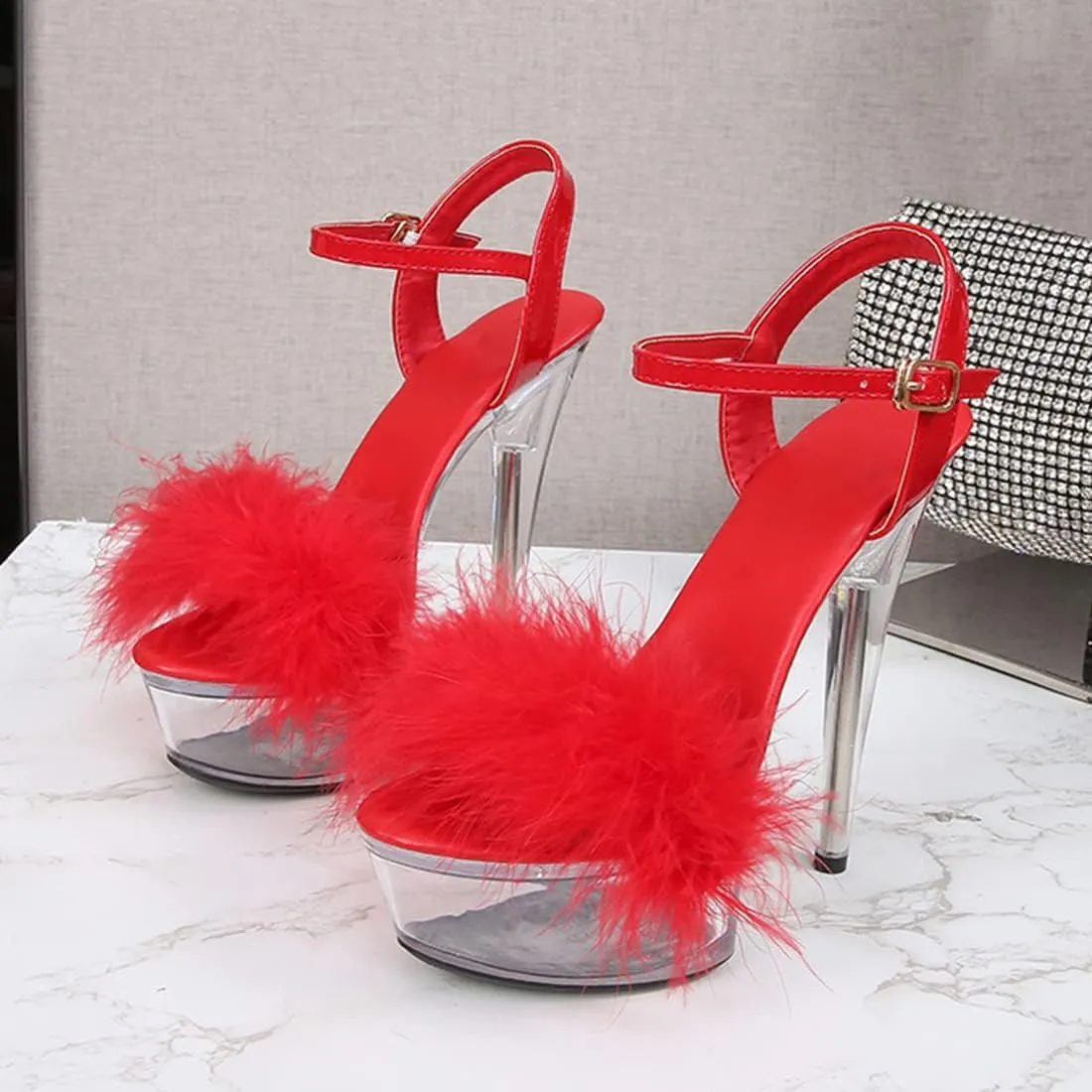 YIBLBOX Women's Fluffy Feather Sandals Ankle Strap Clear Platform High Heel Stiletto Shoes