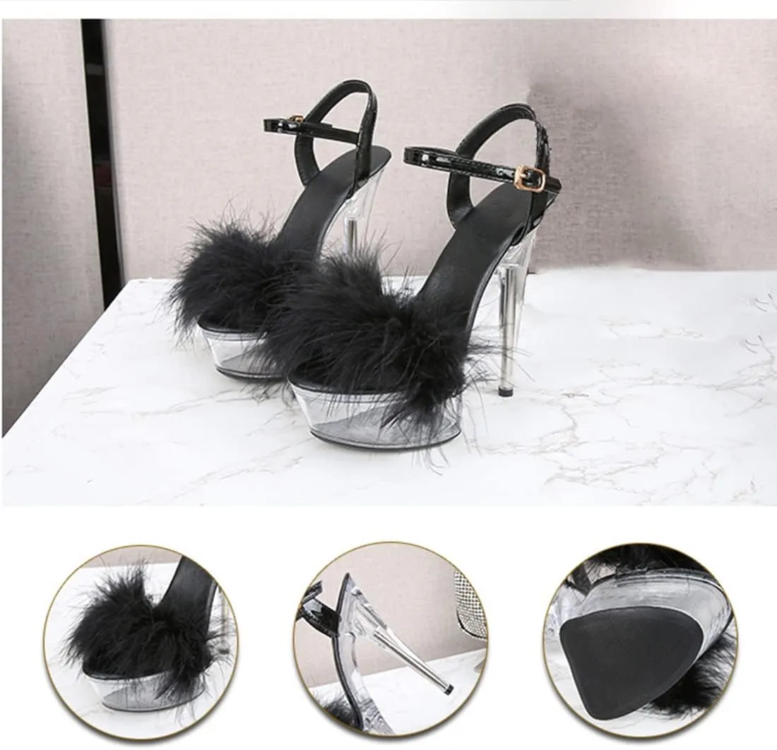 YIBLBOX Women's Fluffy Feather Sandals Ankle Strap Clear Platform High Heel Stiletto Shoes