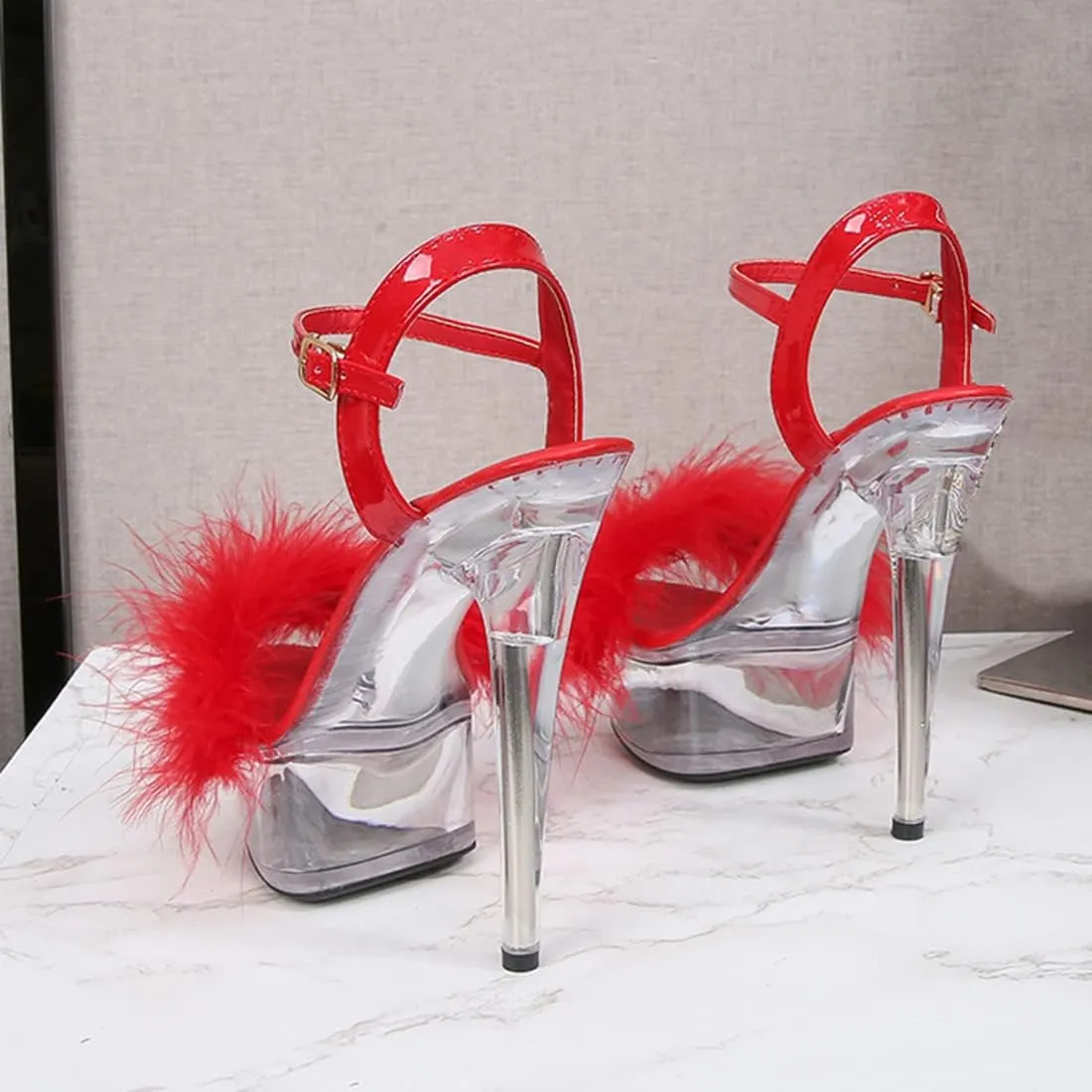 YIBLBOX Women's Fluffy Feather Sandals Ankle Strap Clear Platform High Heel Stiletto Shoes