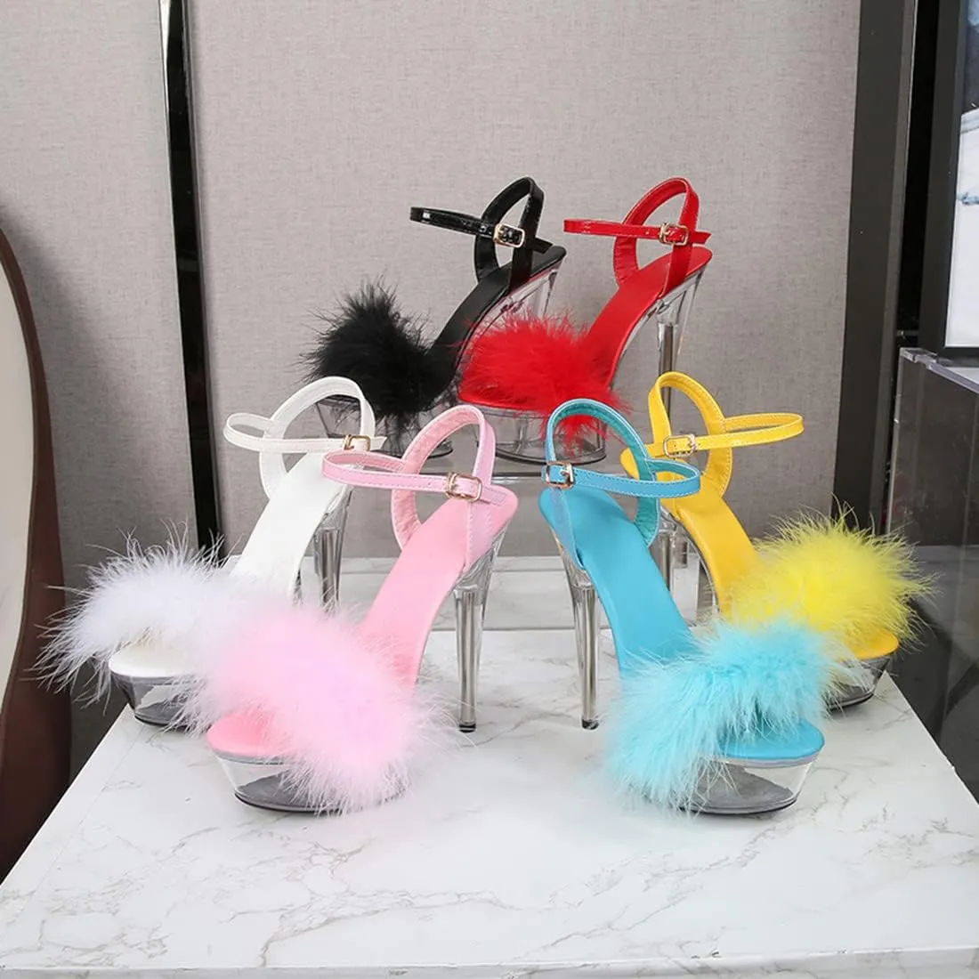 YIBLBOX Women's Fluffy Feather Sandals Ankle Strap Clear Platform High Heel Stiletto Shoes