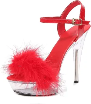 YIBLBOX Women's Fluffy Feather Sandals Ankle Strap Clear Platform High Heel Stiletto Shoes
