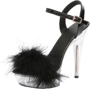 YIBLBOX Women's Fluffy Feather Sandals Ankle Strap Clear Platform High Heel Stiletto Shoes