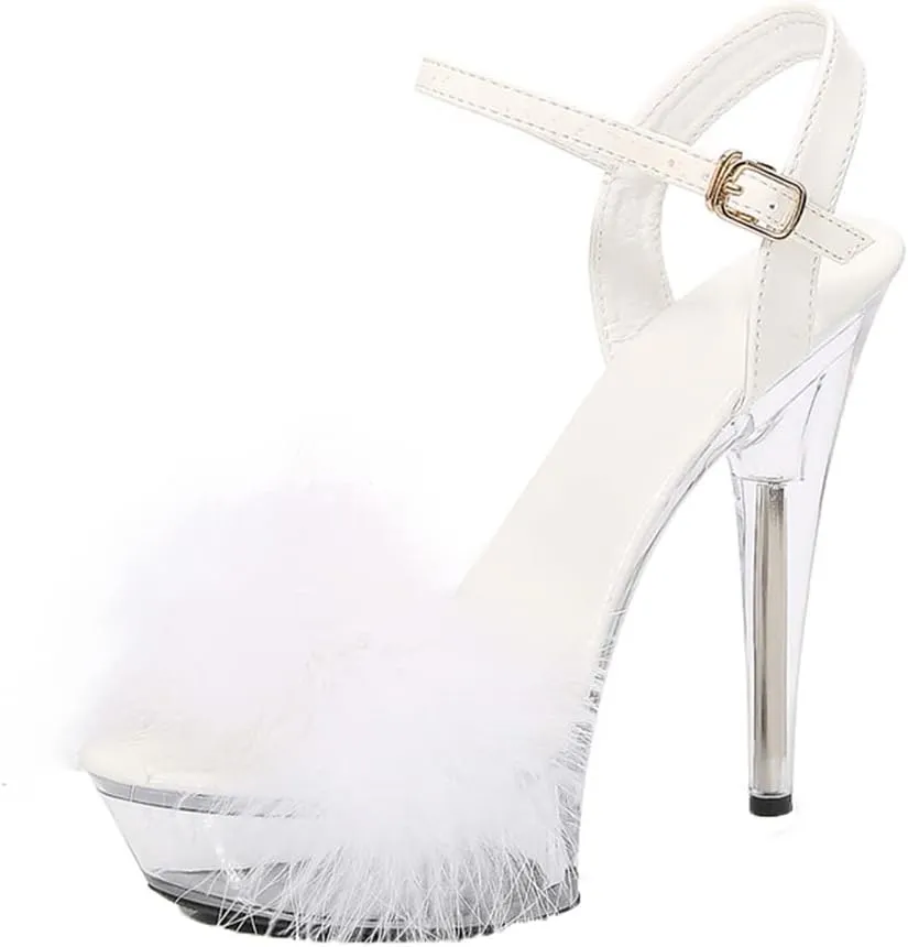 YIBLBOX Women's Fluffy Feather Sandals Ankle Strap Clear Platform High Heel Stiletto Shoes