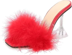 YIYA Women's Feather High Heels Slides Sexy Peep Toe Summer Fur Slippers Clear Heeled Mules Slip On Slide Sandal