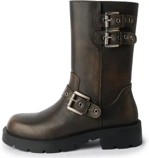 YIYA Women's Motorcycle Mid Calf Biker Boots Round Toe Chunky Low Heel Fashion Buckle Short Riding Combat Fall Boots