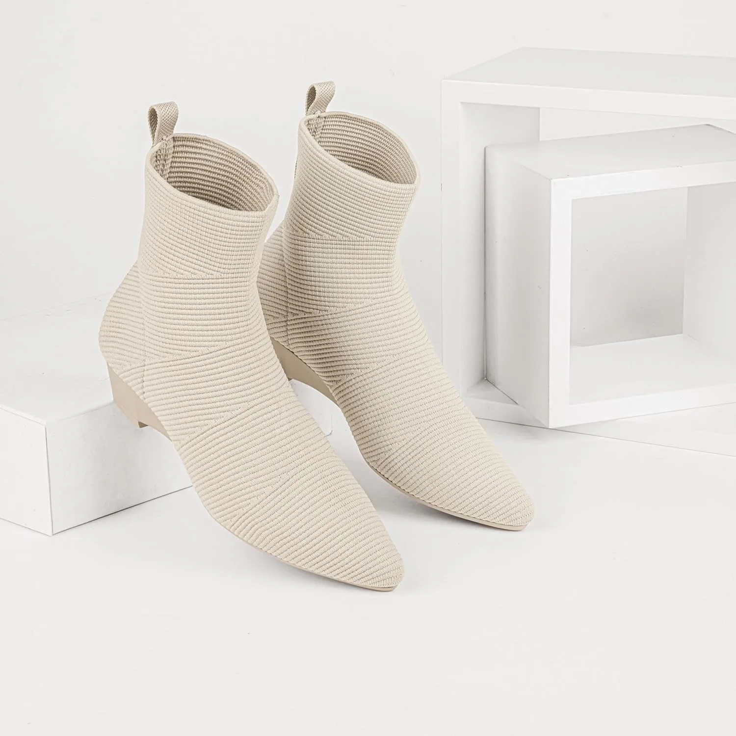 youngshow Women’s Booties Comfortable Knitted Low Heel Boots For Women Ankle Booties Pointed Toe Slip On Fall Winter Ladies Dress Shoes