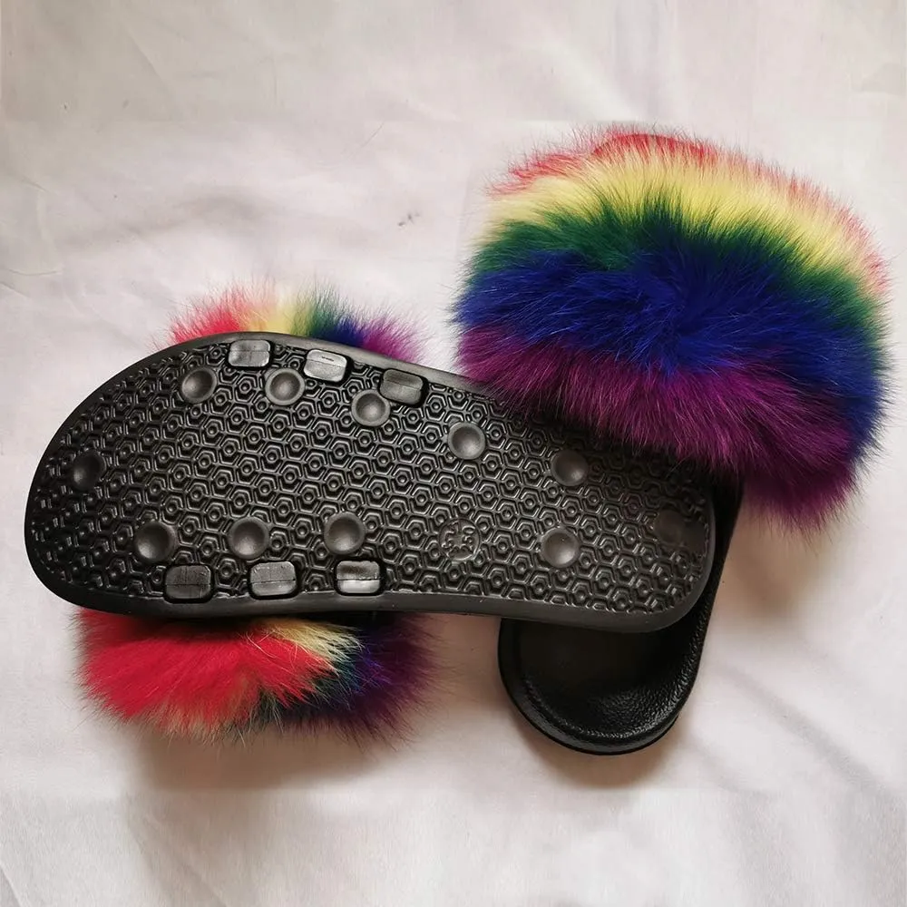 Yu He Women Real Fox Fur Feather Vegan Leather Open Toe Single Strap Slip On Sandals