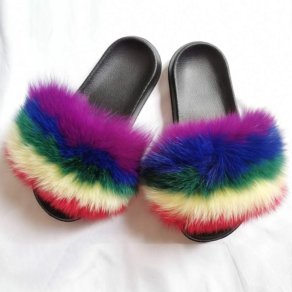 Yu He Women Real Fox Fur Feather Vegan Leather Open Toe Single Strap Slip On Sandals