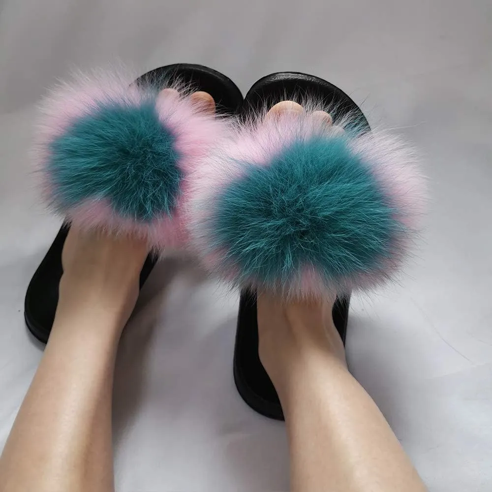 Yu He Women Real Fox Fur Feather Vegan Leather Open Toe Single Strap Slip On Sandals