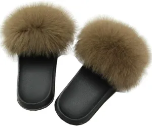 Yu He Women Real Fox Fur Feather Vegan Leather Open Toe Single Strap Slip On Sandals