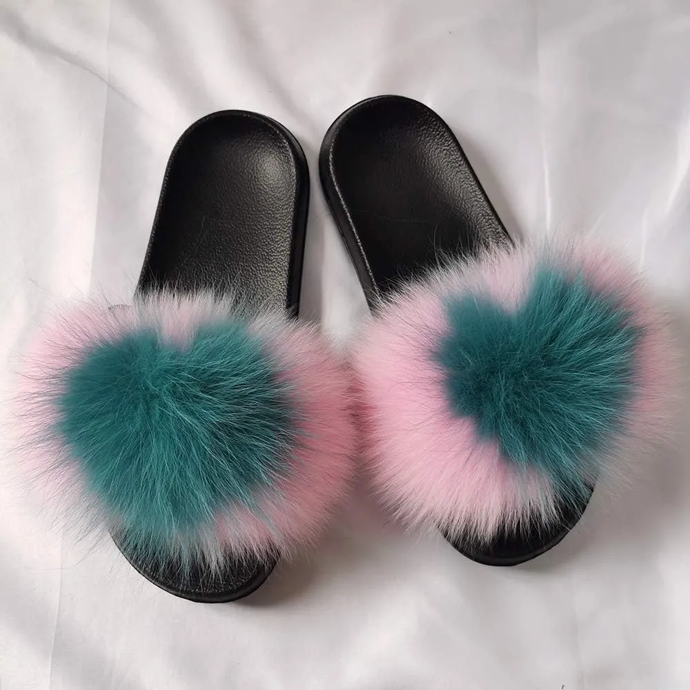 Yu He Women Real Fox Fur Feather Vegan Leather Open Toe Single Strap Slip On Sandals