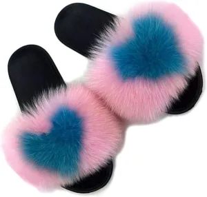Yu He Women Real Fox Fur Feather Vegan Leather Open Toe Single Strap Slip On Sandals