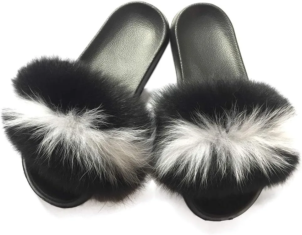 Yu He Women Real Fox Fur Feather Vegan Leather Open Toe Single Strap Slip On Sandals