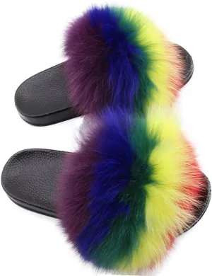 Yu He Women Real Fox Fur Feather Vegan Leather Open Toe Single Strap Slip On Sandals