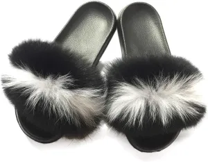 Yu He Women Real Fox Fur Feather Vegan Leather Open Toe Single Strap Slip On Sandals