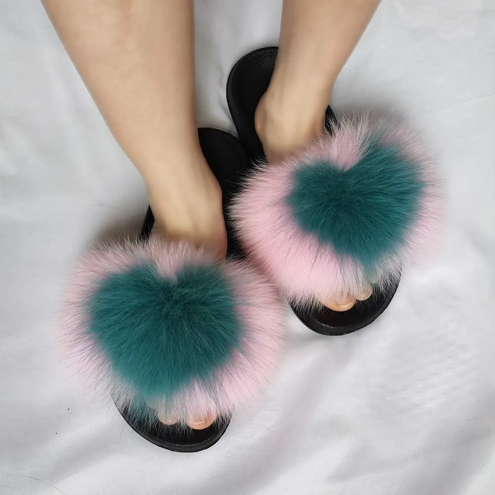 Yu He Women Real Fox Fur Feather Vegan Leather Open Toe Single Strap Slip On Sandals