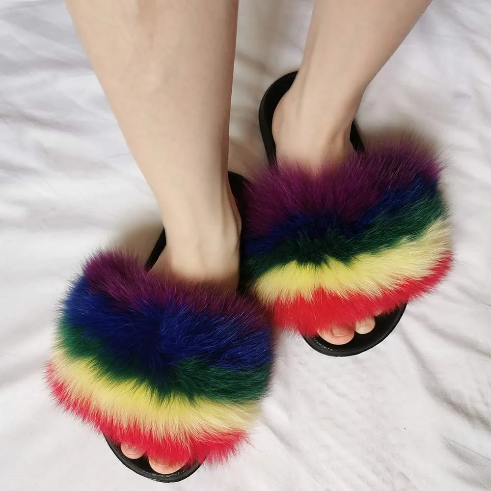 Yu He Women Real Fox Fur Feather Vegan Leather Open Toe Single Strap Slip On Sandals