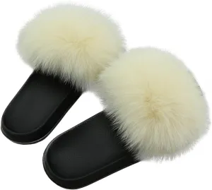 Yu He Women Real Fox Fur Feather Vegan Leather Open Toe Single Strap Slip On Sandals
