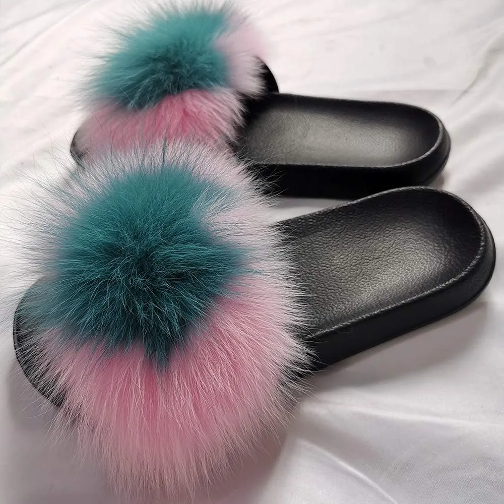 Yu He Women Real Fox Fur Feather Vegan Leather Open Toe Single Strap Slip On Sandals