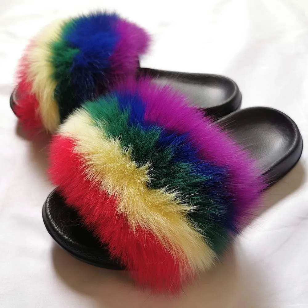Yu He Women Real Fox Fur Feather Vegan Leather Open Toe Single Strap Slip On Sandals