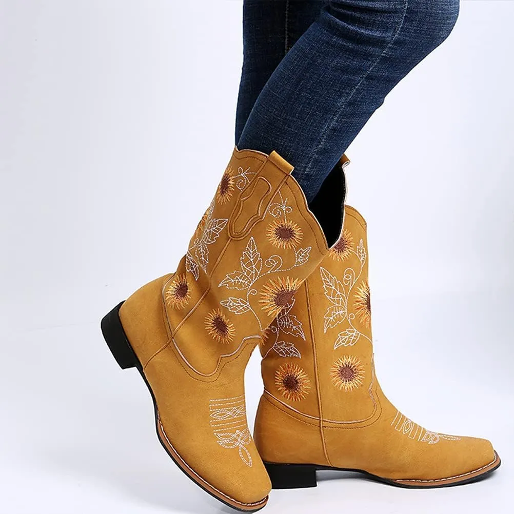 ZHOUYF Women Mid Calf Cowboy Boots Pull-on Sunflower Print Embroidery Riding Boots Low Heel Pointed-Toe Cowgirl Western Boots