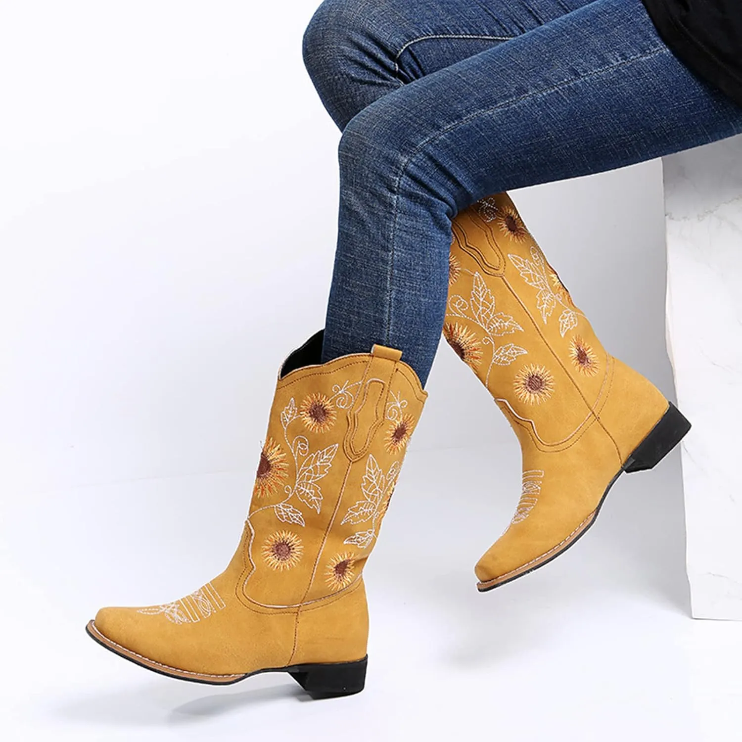 ZHOUYF Women Mid Calf Cowboy Boots Pull-on Sunflower Print Embroidery Riding Boots Low Heel Pointed-Toe Cowgirl Western Boots