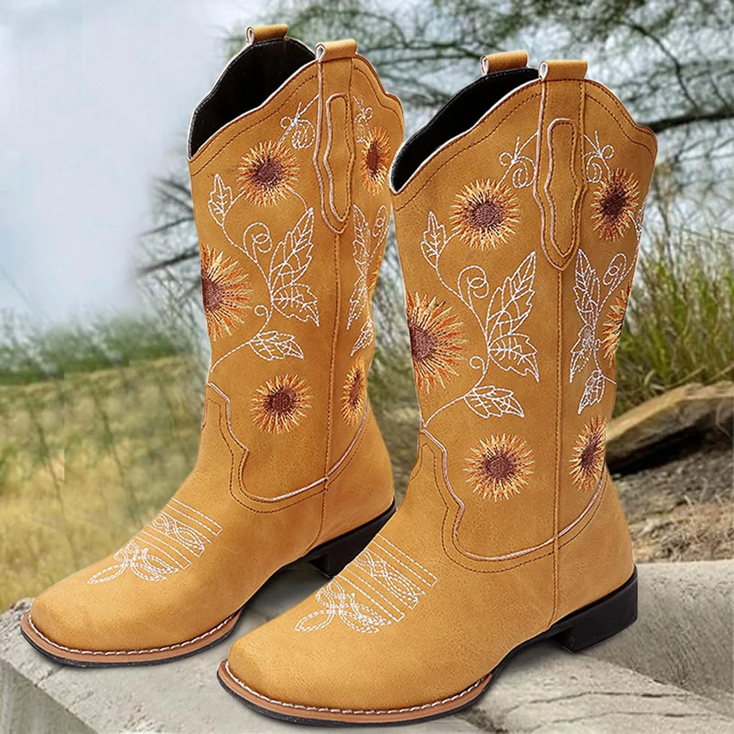 ZHOUYF Women Mid Calf Cowboy Boots Pull-on Sunflower Print Embroidery Riding Boots Low Heel Pointed-Toe Cowgirl Western Boots