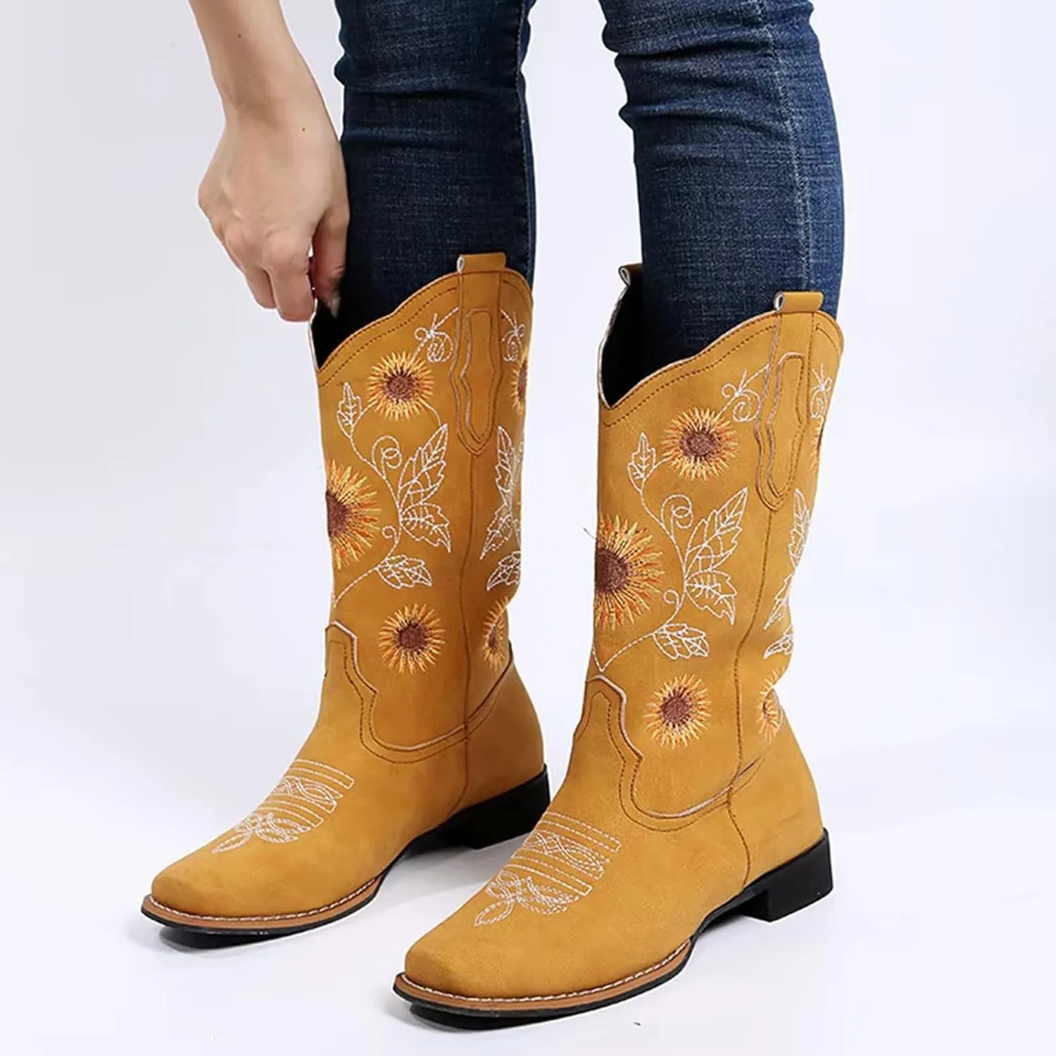 ZHOUYF Women Mid Calf Cowboy Boots Pull-on Sunflower Print Embroidery Riding Boots Low Heel Pointed-Toe Cowgirl Western Boots