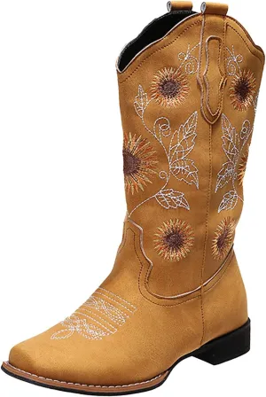 ZHOUYF Women Mid Calf Cowboy Boots Pull-on Sunflower Print Embroidery Riding Boots Low Heel Pointed-Toe Cowgirl Western Boots