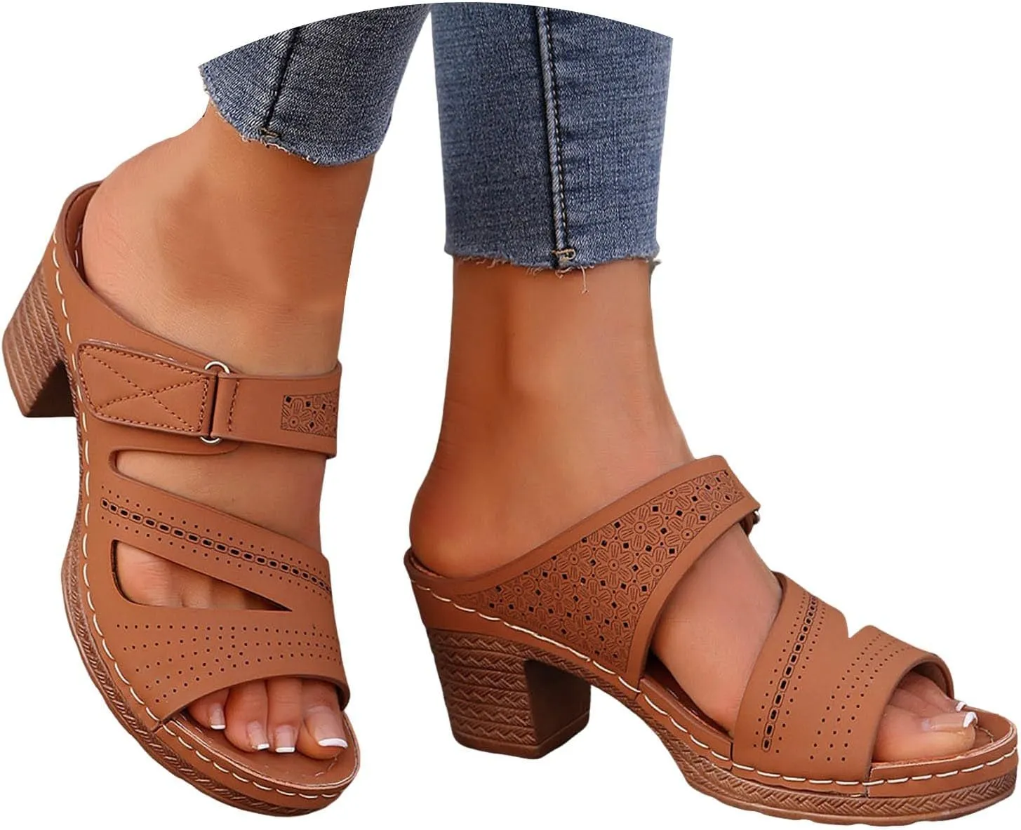 ZSpzx Women's Heeled Sandals Open Toe Slip On Block Womens Chunky Mid Heels Ankle Strap Sandal Slippers Casual Comfortable Summer Backless Mules Adjustable Slide Walking Shoes