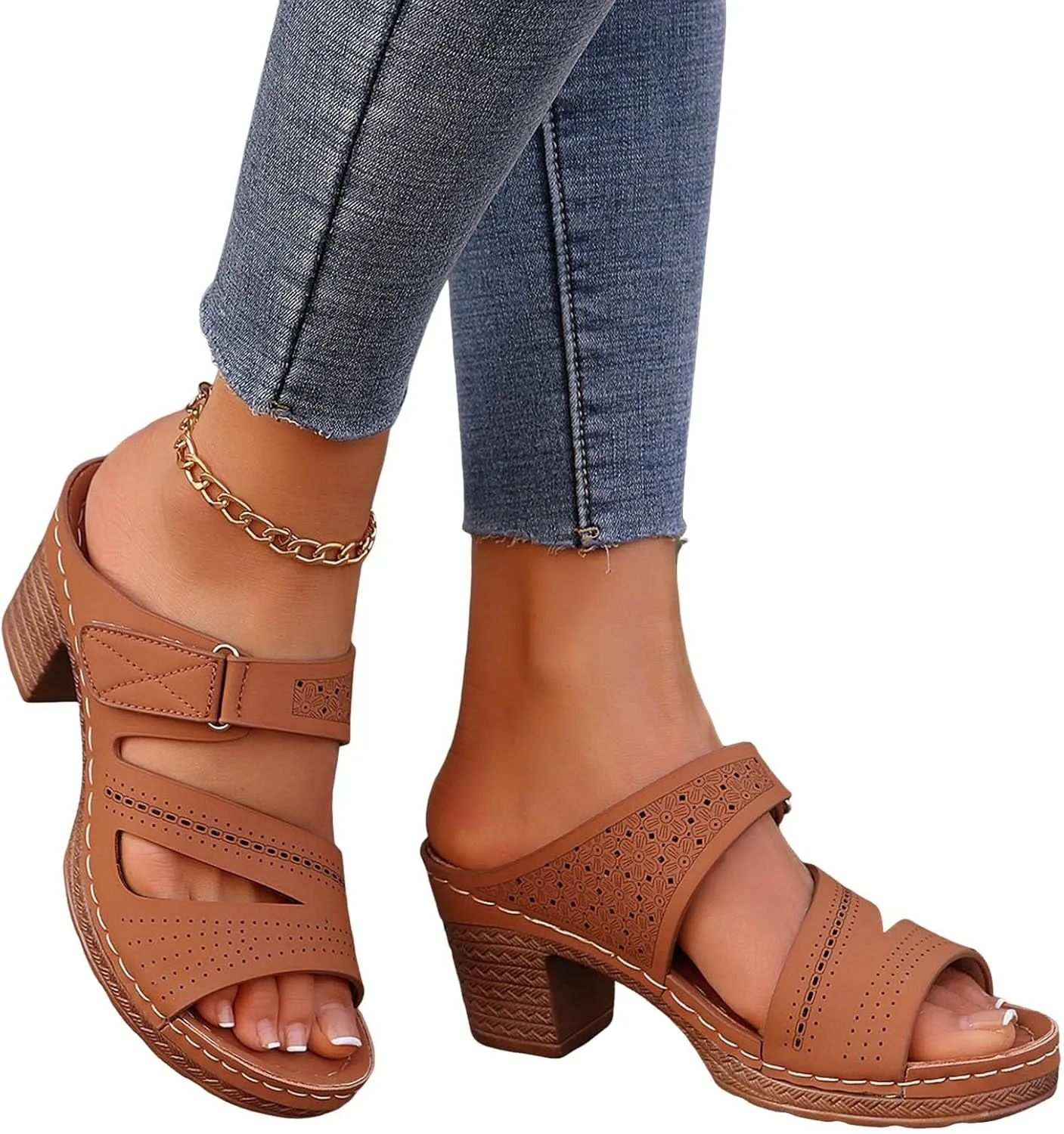 ZSpzx Women's Heeled Sandals Open Toe Slip On Block Womens Chunky Mid Heels Ankle Strap Sandal Slippers Casual Comfortable Summer Backless Mules Adjustable Slide Walking Shoes