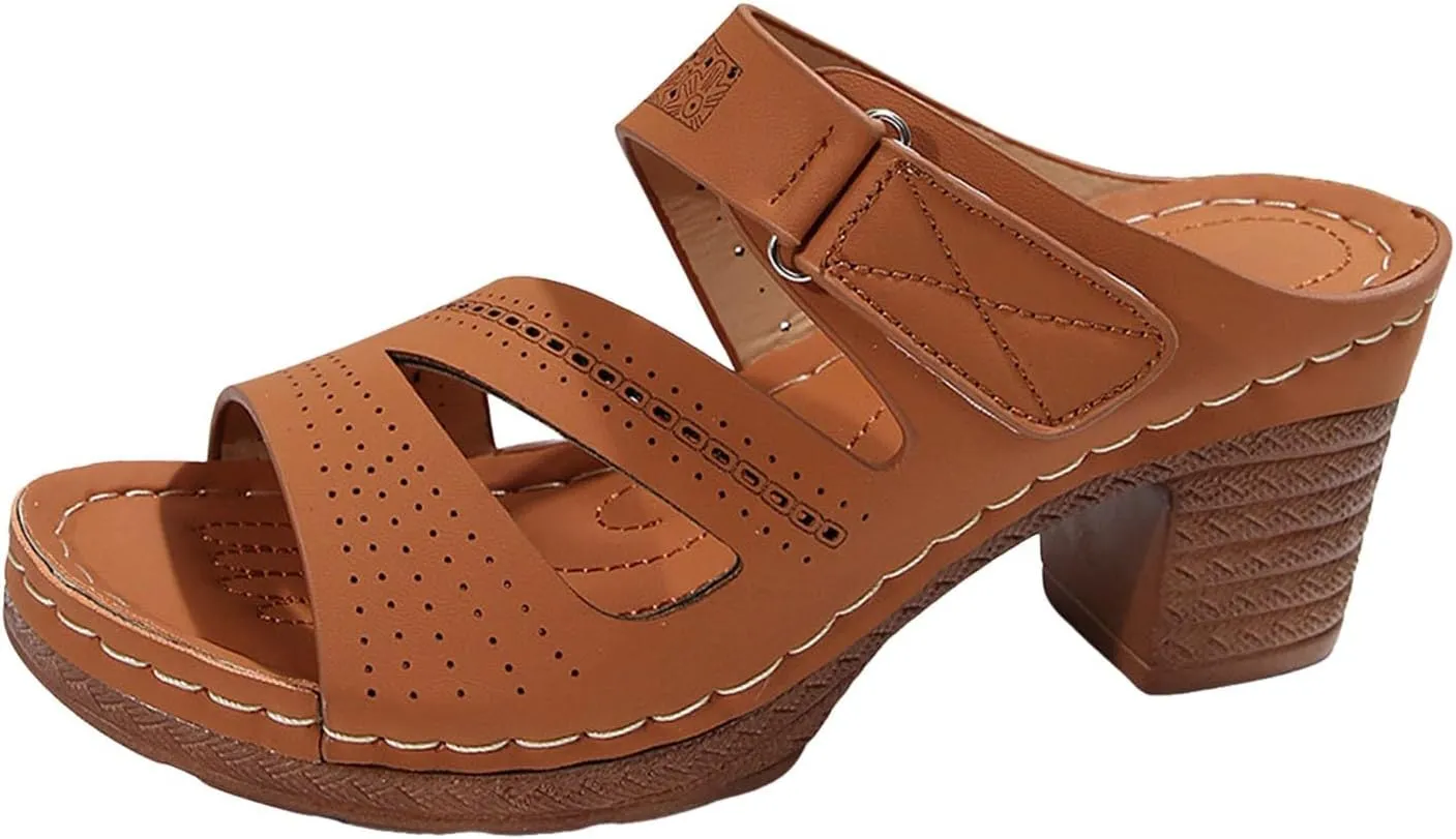 ZSpzx Women's Heeled Sandals Open Toe Slip On Block Womens Chunky Mid Heels Ankle Strap Sandal Slippers Casual Comfortable Summer Backless Mules Adjustable Slide Walking Shoes