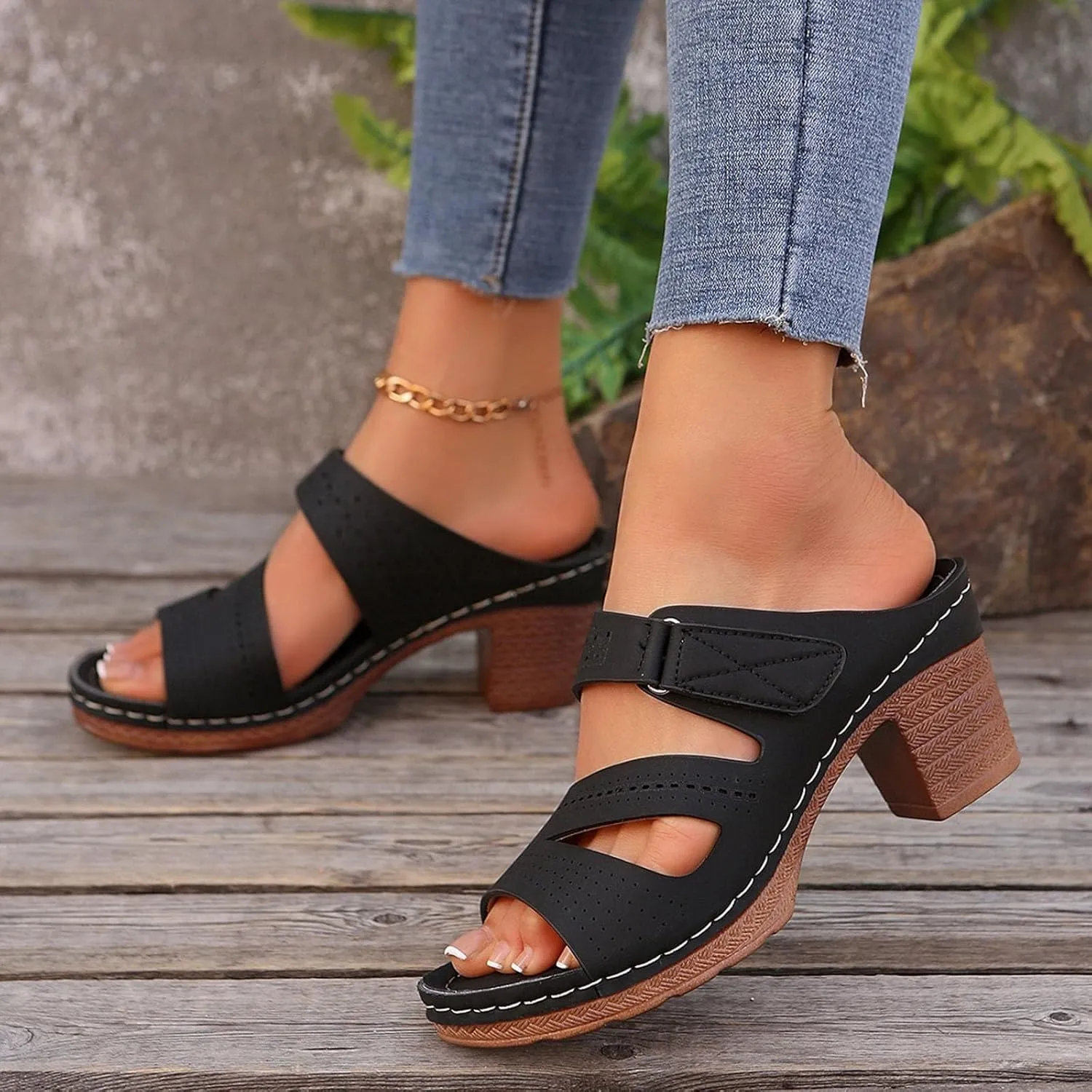 ZSpzx Women's Heeled Sandals Open Toe Slip On Block Womens Chunky Mid Heels Ankle Strap Sandal Slippers Casual Comfortable Summer Backless Mules Adjustable Slide Walking Shoes