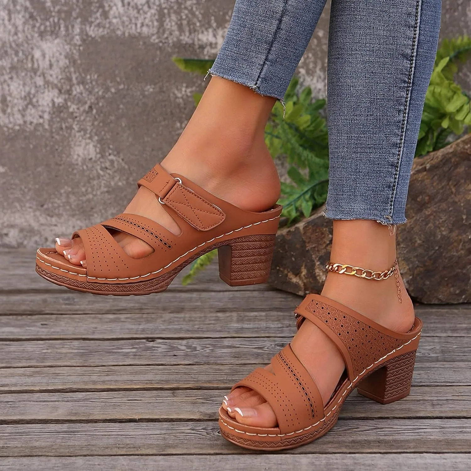 ZSpzx Women's Heeled Sandals Open Toe Slip On Block Womens Chunky Mid Heels Ankle Strap Sandal Slippers Casual Comfortable Summer Backless Mules Adjustable Slide Walking Shoes