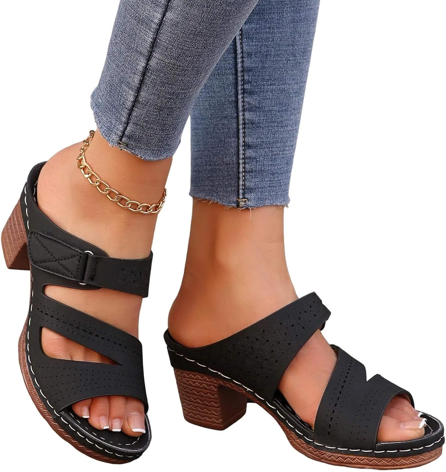 ZSpzx Women's Heeled Sandals Open Toe Slip On Block Womens Chunky Mid Heels Ankle Strap Sandal Slippers Casual Comfortable Summer Backless Mules Adjustable Slide Walking Shoes