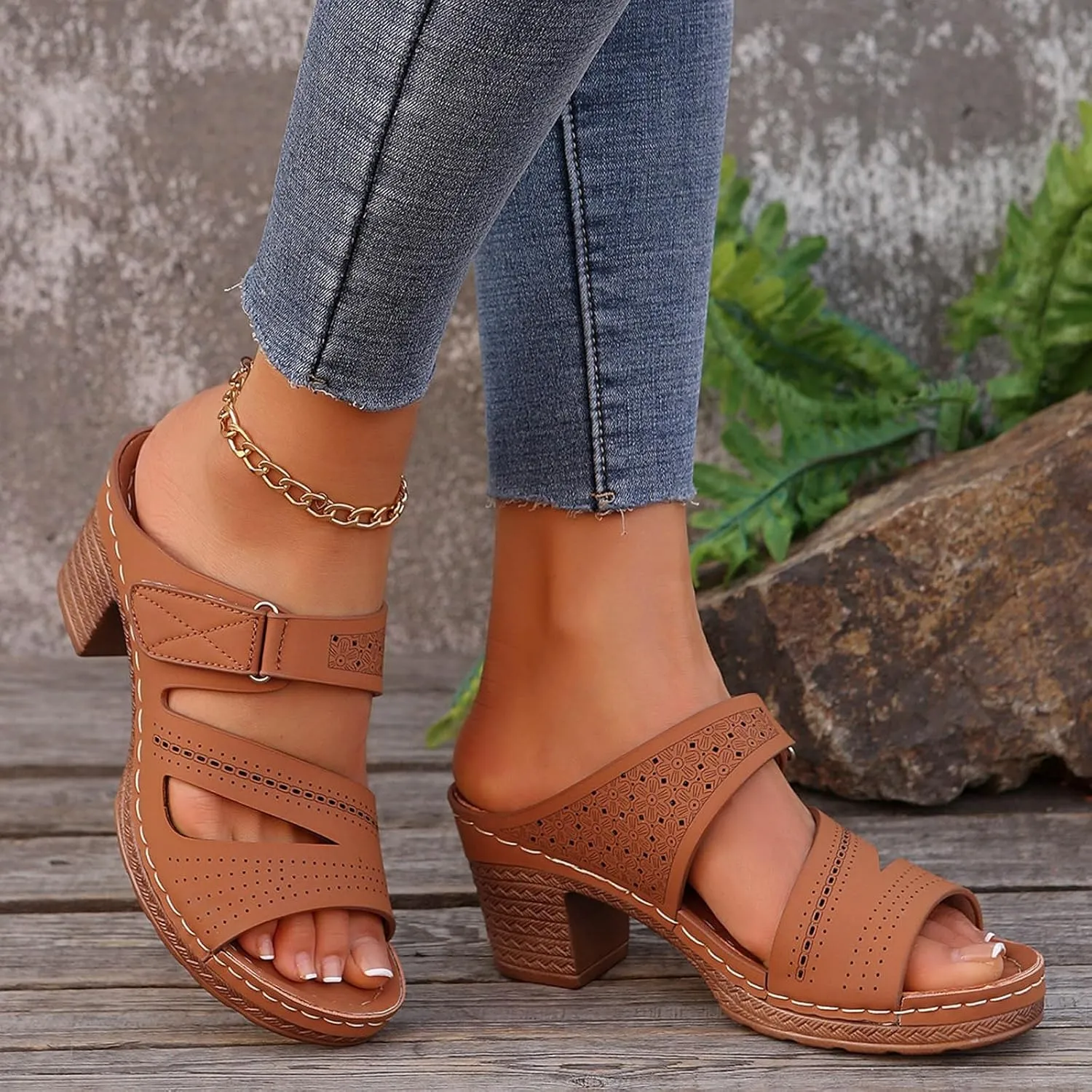 ZSpzx Women's Heeled Sandals Open Toe Slip On Block Womens Chunky Mid Heels Ankle Strap Sandal Slippers Casual Comfortable Summer Backless Mules Adjustable Slide Walking Shoes