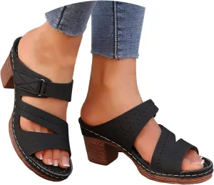 ZSpzx Women's Heeled Sandals Open Toe Slip On Block Womens Chunky Mid Heels Ankle Strap Sandal Slippers Casual Comfortable Summer Backless Mules Adjustable Slide Walking Shoes