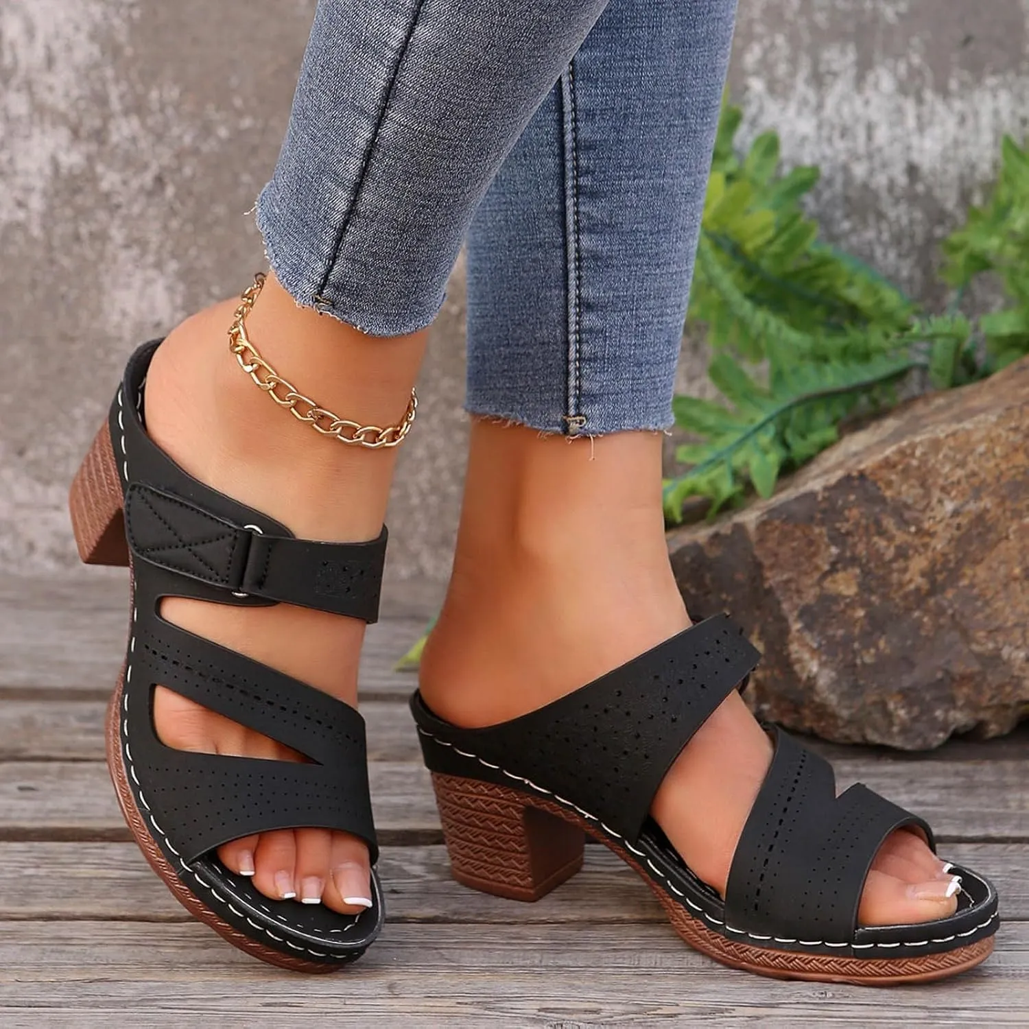 ZSpzx Women's Heeled Sandals Open Toe Slip On Block Womens Chunky Mid Heels Ankle Strap Sandal Slippers Casual Comfortable Summer Backless Mules Adjustable Slide Walking Shoes