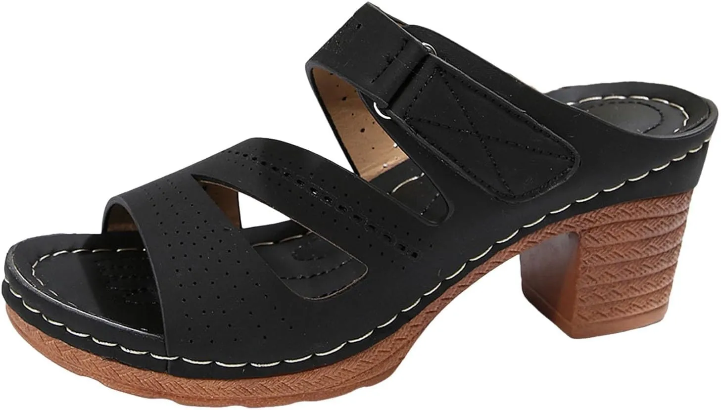 ZSpzx Women's Heeled Sandals Open Toe Slip On Block Womens Chunky Mid Heels Ankle Strap Sandal Slippers Casual Comfortable Summer Backless Mules Adjustable Slide Walking Shoes