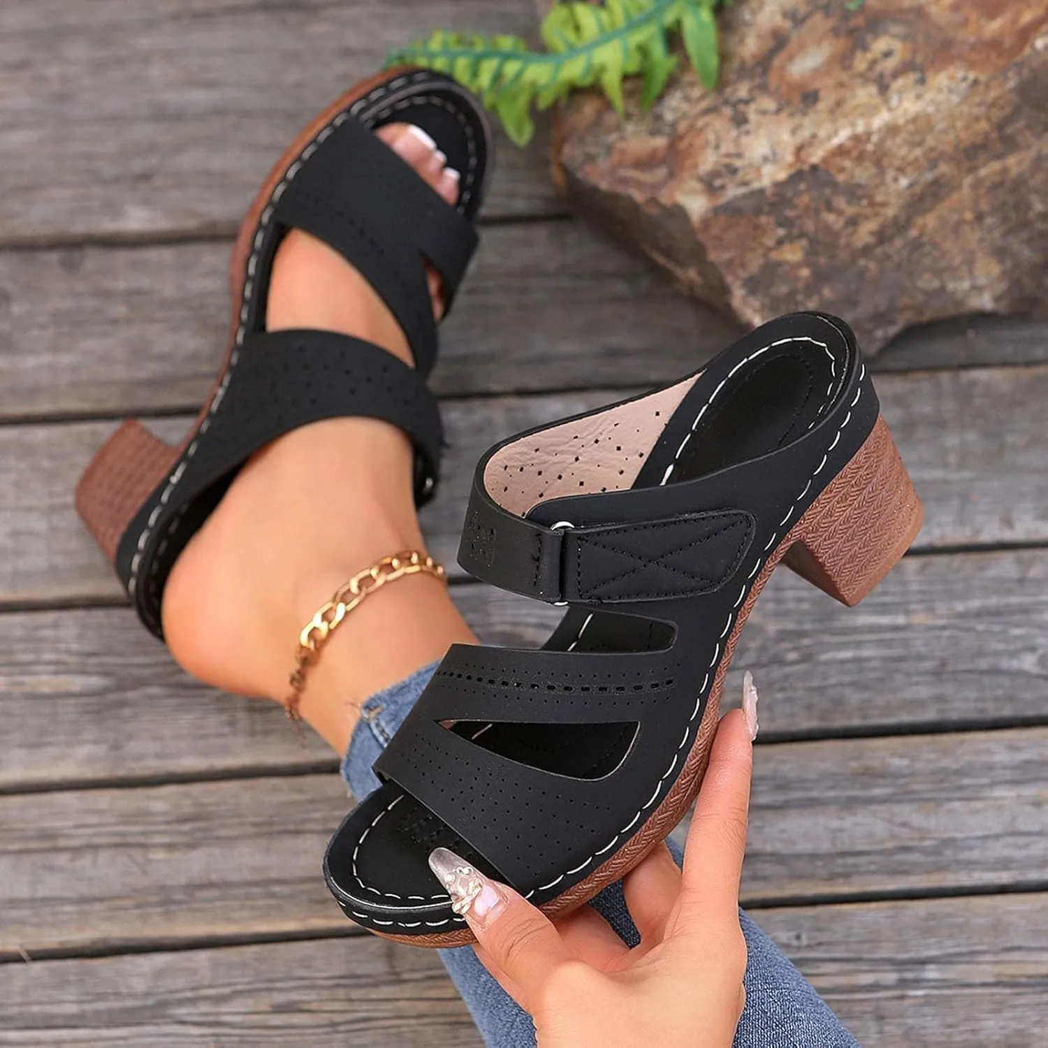 ZSpzx Women's Heeled Sandals Open Toe Slip On Block Womens Chunky Mid Heels Ankle Strap Sandal Slippers Casual Comfortable Summer Backless Mules Adjustable Slide Walking Shoes