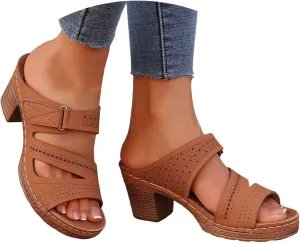 ZSpzx Women's Heeled Sandals Open Toe Slip On Block Womens Chunky Mid Heels Ankle Strap Sandal Slippers Casual Comfortable Summer Backless Mules Adjustable Slide Walking Shoes