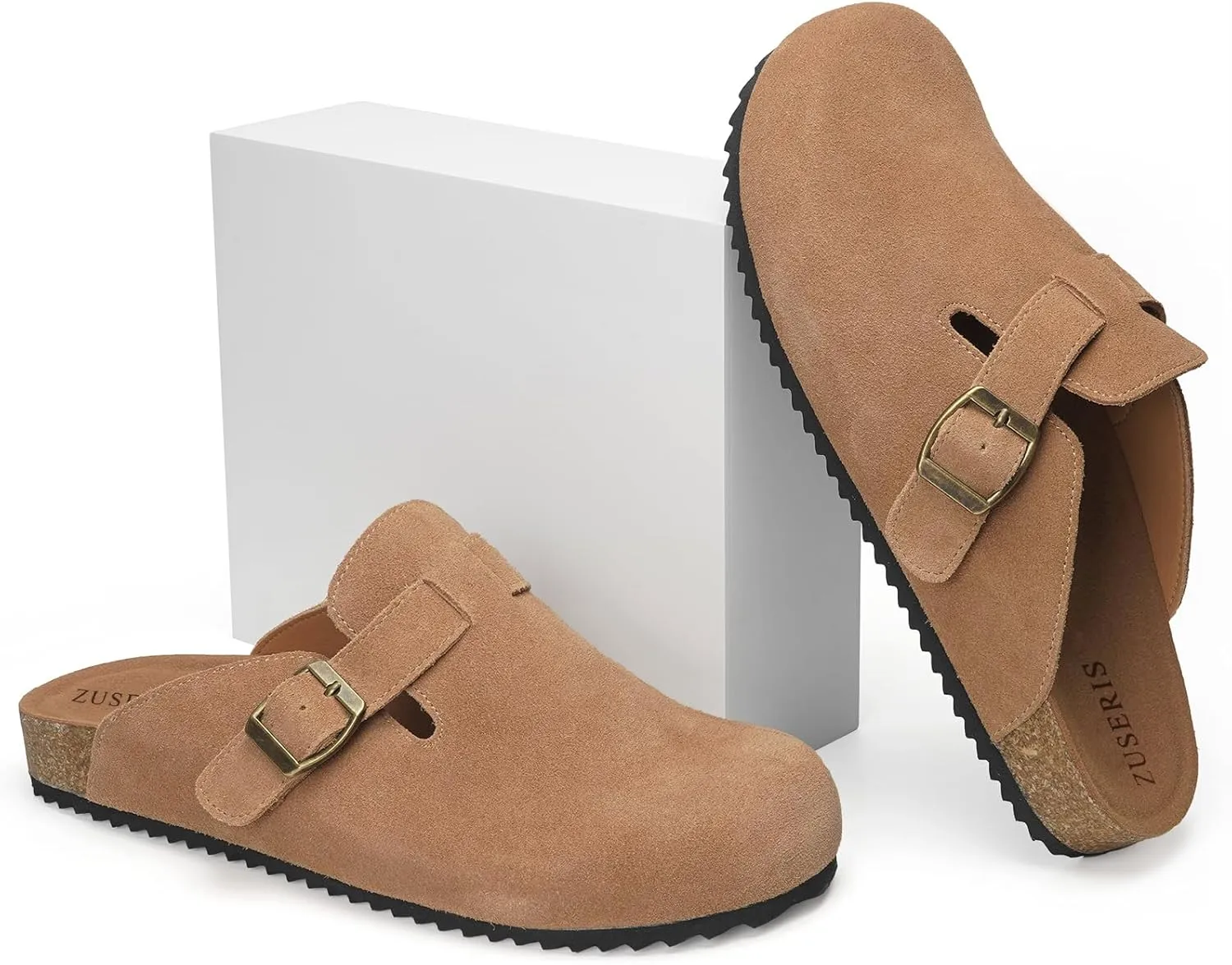 ZUSERIS Women's Men's Suede Clogs Leather Mules Cork Footbed Potato Shoes Comfort Slip on Sandals with Arch Support