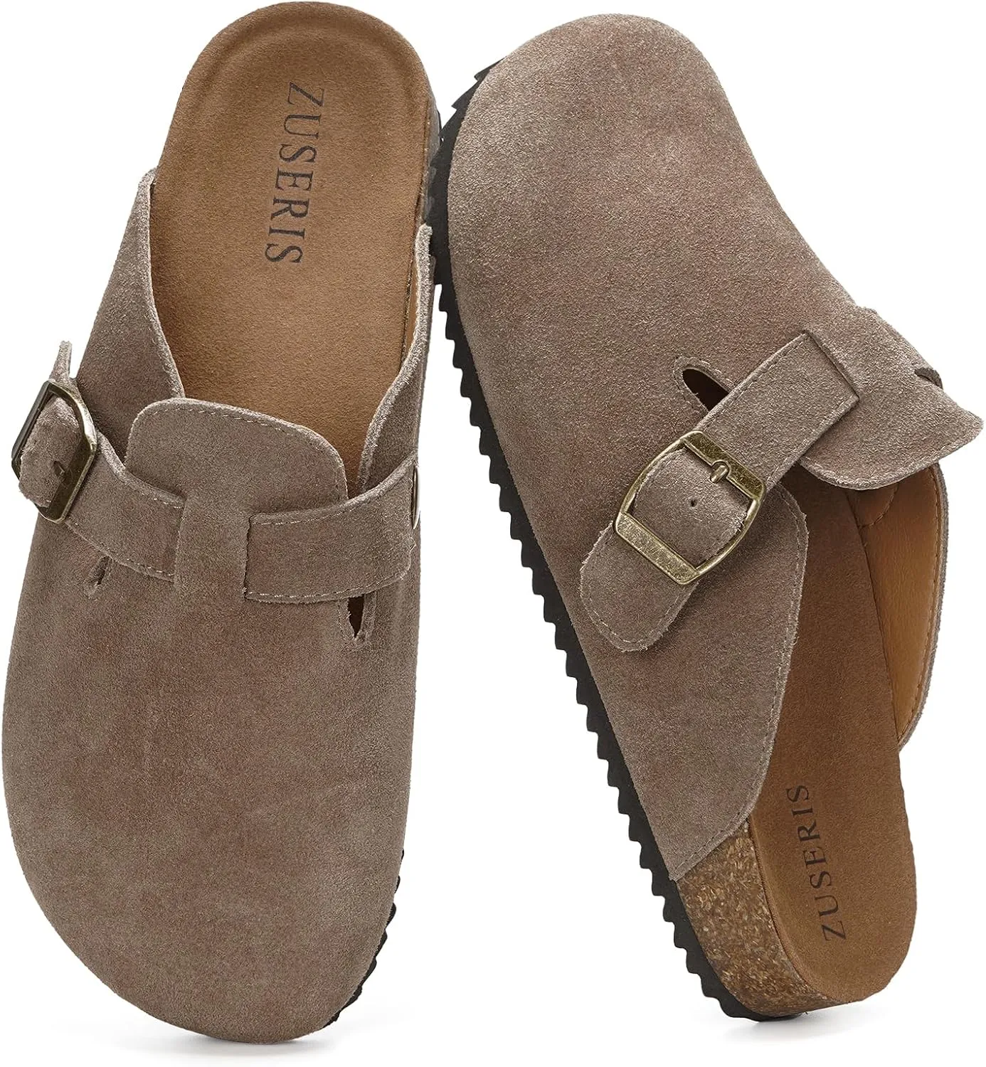 ZUSERIS Women's Men's Suede Clogs Leather Mules Cork Footbed Potato Shoes Comfort Slip on Sandals with Arch Support