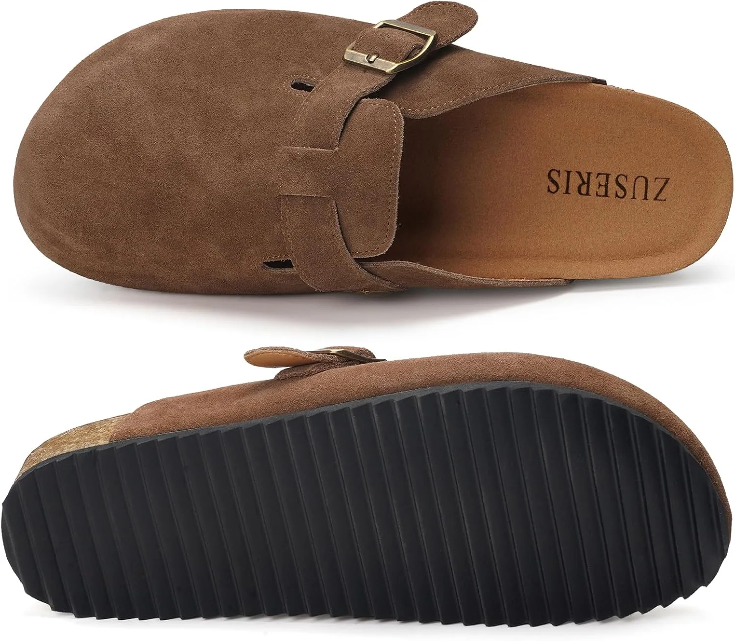 ZUSERIS Women's Men's Suede Clogs Leather Mules Cork Footbed Potato Shoes Comfort Slip on Sandals with Arch Support