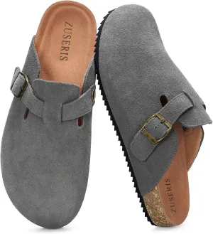ZUSERIS Women's Men's Suede Clogs Leather Mules Cork Footbed Potato Shoes Comfort Slip on Sandals with Arch Support