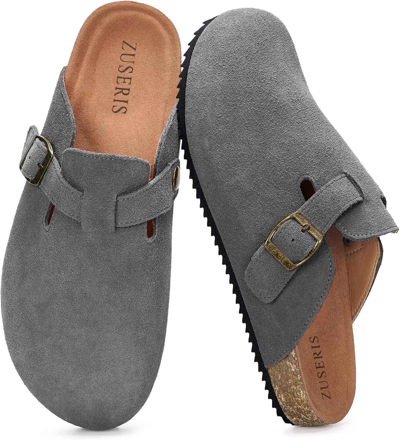 ZUSERIS Women's Men's Suede Clogs Leather Mules Cork Footbed Potato Shoes Comfort Slip on Sandals with Arch Support