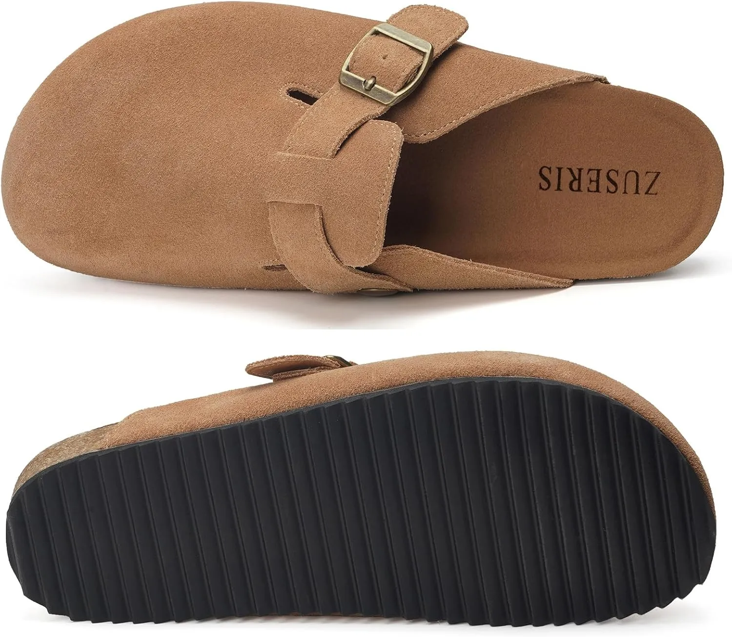 ZUSERIS Women's Men's Suede Clogs Leather Mules Cork Footbed Potato Shoes Comfort Slip on Sandals with Arch Support