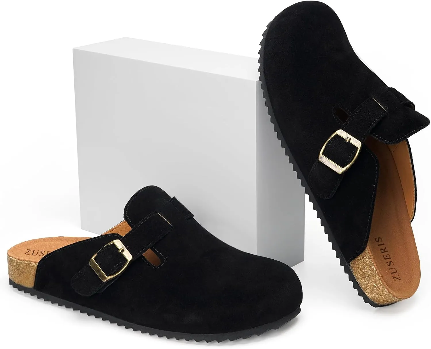 ZUSERIS Women's Men's Suede Clogs Leather Mules Cork Footbed Potato Shoes Comfort Slip on Sandals with Arch Support