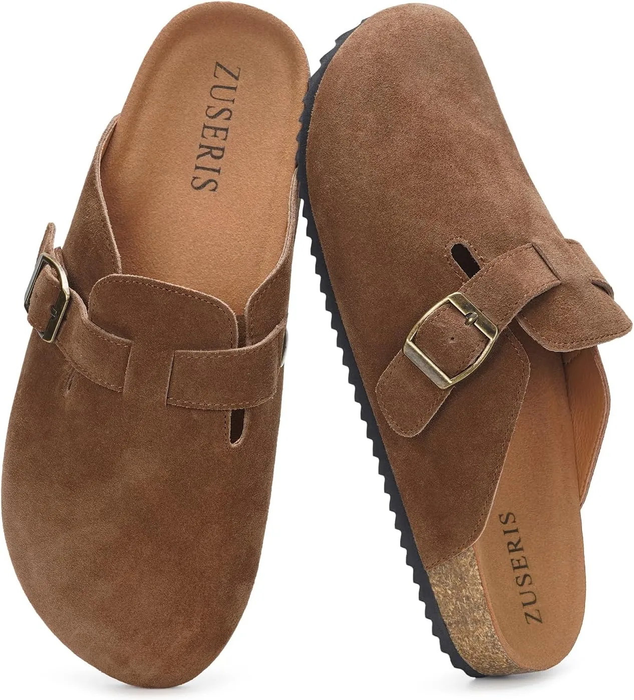 ZUSERIS Women's Men's Suede Clogs Leather Mules Cork Footbed Potato Shoes Comfort Slip on Sandals with Arch Support
