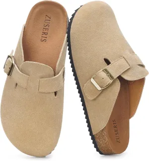 ZUSERIS Women's Men's Suede Clogs Leather Mules Cork Footbed Potato Shoes Comfort Slip on Sandals with Arch Support